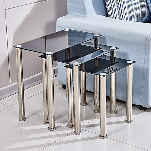 Juego de 3 mesas nido de cristal con patas de acero, muebles modernos para sala de estar (negro)