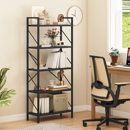 DWVO Scaffale per libri a 5 ripiani, in legno e metallo, libreria industriale, scaffale alto, espositore per soggiorno, cucina, camera da letto, scaffale nero