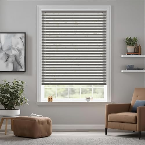 Grey Plain PVC venetian Blind - Width 114cm x Drop 150cm - 25mm Horizontal Slats - Easy Fit Trimmable fitting with Tilt control Wand Mechanism