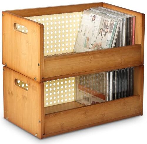 AIHSUMC CD-Aufbewahrungsbox, Bambus, stapelbar, CD-Halter, Organizer, Regal für Filmhüllen, DVDs, Kassettenband-Display-Ständer, Disc-Halter mit Tragegriffen