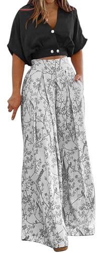 Compra Online Conjunto Mujer Vestir Dos Piezas,Traje Pantalón Fiesta de 2 Piezas Cuello V Camisa Manga Corta y Pantalones Pernera Ancha con Estampado Floral Elegante Negocios Oficina Fiesta Traje