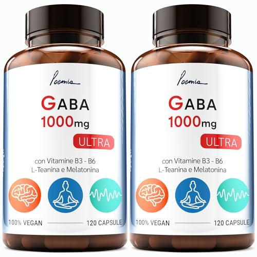 Gaba 1000 MG ULTRA Con L-Teanina Vitamina B3 B6 2x120 Capsule Gaba Integratore Per Stress e Ansia | Sonno | Rilassamento Fisico e Mentale | Concentrazione Poemia