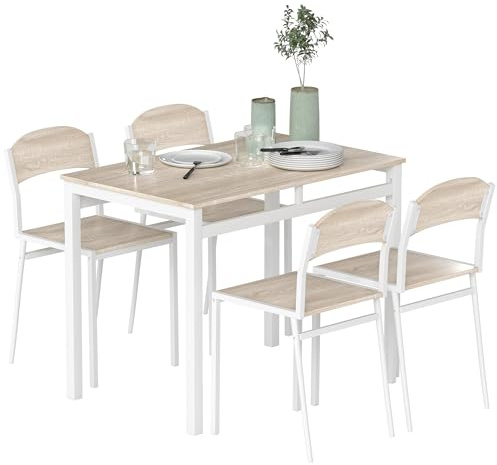 HOMCOM Juego de Mesa y Sillas de Comedor, Mesa de Cocina Rectangular con 4 Sillas, Estilo Moderno, Marco Metálico, para Espacios Pequeños, Salón, Roble y Blanco