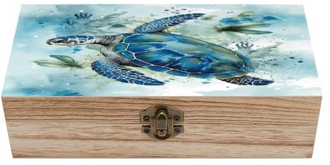 Anceky Caja de madera con diseño de marina azul, joyero decorativo con tapa abatible, caja decorativa de madera para guardar manualidades y fotos.