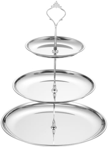 sourcing map 1 Set 3-Tier Cupcake Stand Holder, Round Tiered Serving Tray Stainless Steel Cup Cake Stand for Dessert Fruit Table Birthday Party Decoration Display, Silver