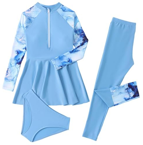 Burkini Swimwear for Girls Modest Swimsuits, Kids Teens 3 Pieces Long Sleeve Zip Up Swimdress & Thong & Pants Full Body Muslim Swimming Costume Blue 12-13 Years
