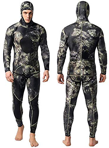 Nataly Osmann Camo Spearfishing Wetsuits Men 3mm /1.5mm Neoprene 2-Pieces Hooded Long Sleeve Scuba Diving Suit Full Body Keep Warm Snorkeling Suits…