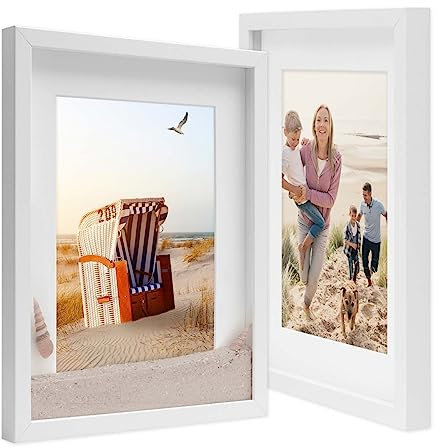 PHOTOLINI 3D Bilderrahmen zum Befüllen 30x40 Weiß groß, 1,5 cm tiefer Objektrahmen mit Glas, 2X tiefer Bilderrahmen 30x40 Holz MDF mit Passepartout, Dicker 3D Rahmen befüllbar für Gegenstände