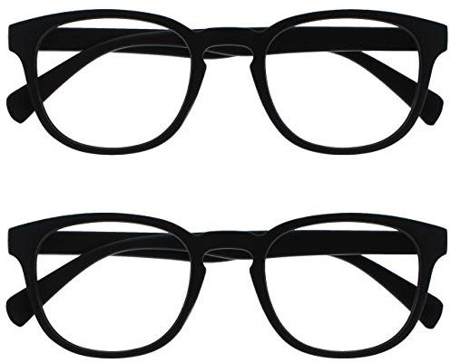 OPULIZE Pop Lesebrille 2er Pack Keck Rund Matt Rahmen Federscharniere Kratzfest Schwarz Herren Damen RR2-1 +3.00