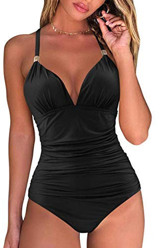 DOULAFASS Swimming Costume Women Tummy Control Swimsuit Halter V Neck Padded One Piece Black