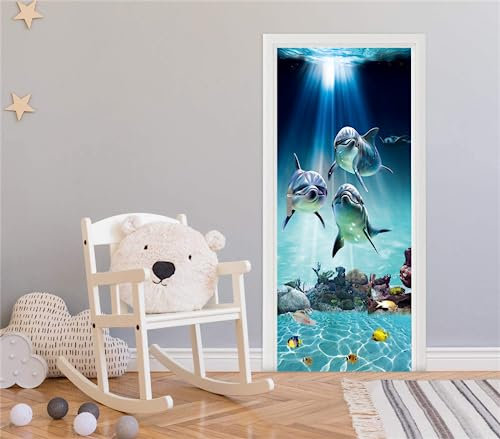FLFK 3D Mondo subacqueo Delfini Adesivi per porte Stacca e attacca 77x200cm(Set di 2 fogli)- Carta da parati autoadesiva per pareti e porte poster per la camera da letto e il soggiorno