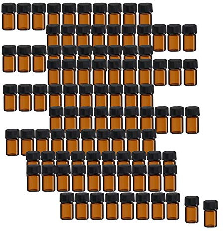 AOFOX 100 confezioni di mini bottiglie di olio essenziale color ambra, piccoli barattoli di vetro vuoti per campioni con riduttori e tappi per miscele di oli. (2ml)