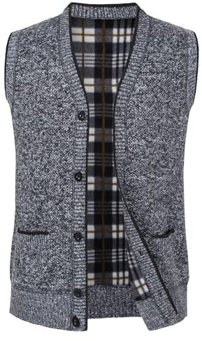 Yukirtiq Herren Fleece-Fütterung Ärmellose Strickjacke Pullunder Strickweste mit V-Ausschnitt und Knopfleiste Dicker Gilet Winterweste für Männer, Dunkelgrau, L