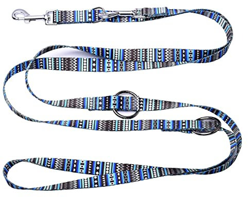 Robuste Doppelleine aus Nylon blaubunt Hundeleine für Hunde bis 60kg mehrfach verstellbar (6M)