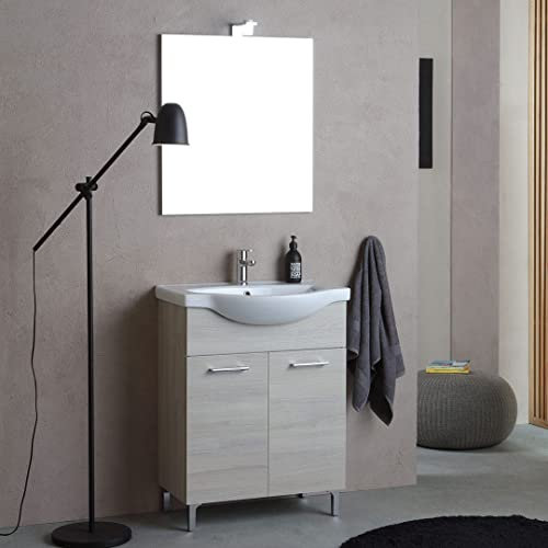 Kiamami Valentina - Composizione bagno a terra da 65cm grigio quercia con lavabo e specchio Rimini