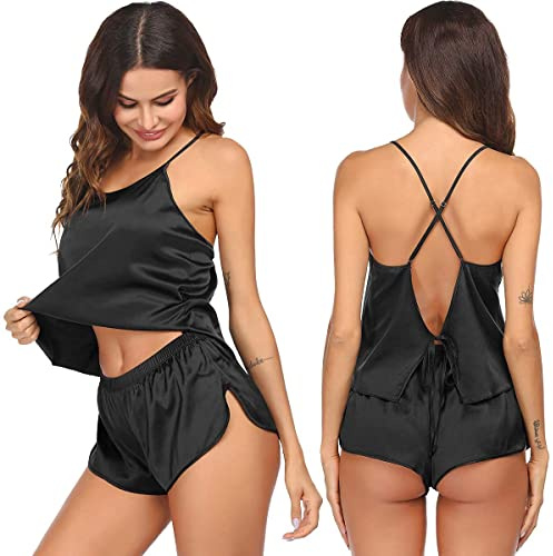 Ekouaer Silk Pajamas Set for Women Satin Backless Lingerie Pjs Cami Top and Shorts PJ Set Silky Nightwear Black