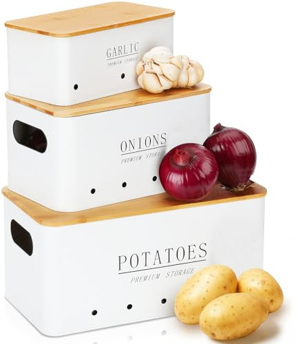 Otauoaea Boite Pomme de Terre - Lot de 3 Rangement - Boite Oignon et Ail - Conservation avec Couvercle en Bambou - Rangement Cuisine - Blanc