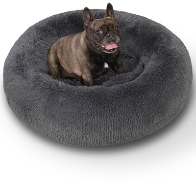 KSIIA Hundebett Flauschig, Katzenbett, Ø 60 cm Rund Donut Hundekissen Waschbar, Langer Plüsch Hundekorb Katzenkorb Katzenkissen für Mittelgroße & Kleine Hunde Dunkelgrau