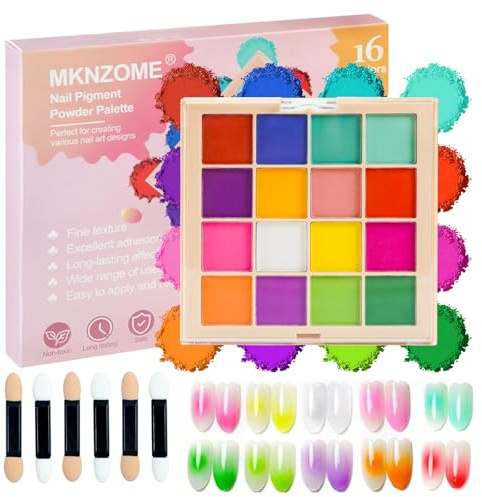 MKNZOME Polvo de Uñas de Cromo de 16 Colores, Nail Art para Decoracion Uñas, Manicura Blanco Violeta Rosa Azul, Profesional Nail Glitter Powder Con 6 Palos De Sombra De Ojos