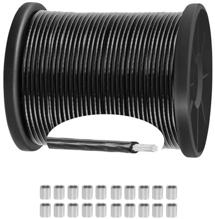 Wire Rope Stainless Steel PVC Black Coated Steel 1.5mm Wire Rope for Outdoor String Lamp Light Suspension, Climbing Plants, Gardening with 30 Aluminum Crimping Sleeves
