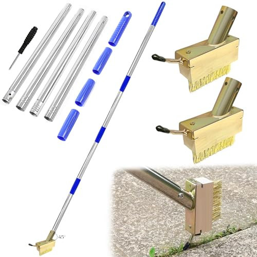 TZEKING Unkraut Fugenbürste,2 Stück Unkrautbürste,Pflastersteinebesen mit Kratzkante,Stahlborsten,Gartenbesenunkrautbürste mit Verstellbaren Edelstahlgriffen,Entfernt mühelos Unkraut und Moos