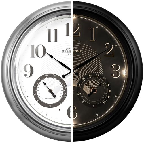 Presentime & Co 18 Illuminated in/Outdoor Atomic Clock with Smart Sensor and Night Light, Waterproof, Large Wall Clock with Thermometer & Hygrometer, for Garden and Patio, Silver.