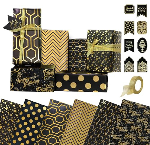 Birthday Wrapping Paper Set, 6 Sheets Wrapping Paper, Luxury Gift Wraps Set with Tags for Boys Girls (Black A)