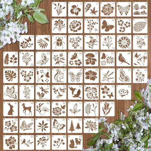 LIULINY 64 Piezas Stencil Plantillas Pintar, Hojas de Pájaro Plantillas de Dibujo, 7.62 x 7.62 cm Reutilizable Painting Templates, para Bricolaje Tarjetas Manualiadades Pintura