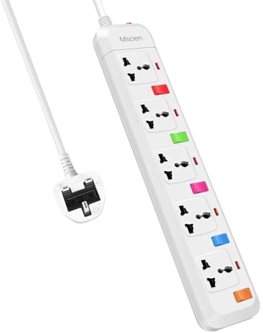 Mscien 5 Way Travel Extension Lead, 5 Independent Switches, UK Plug Universal Power Strip Overload Protection Mountable with 1.8 Meter Extension Cord