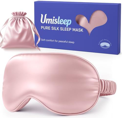 Umisleep Masque 100% Soie, Matière Douce et Lisse 22 Momme 6A, Masque de Nuit Respirable pour Femmes et Hommes, Bonne Opacité Bandeau Yeux Sommeil, Avec Étui de Voyage, Bande Élastique (Rose)