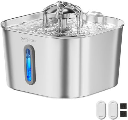 SARPAWS Cat Water Fountain Stainless Steel：74oz/2.2L Water Fountains for Cats Indoor, Cat Fountains for Drinking, Ultra-Quiet, Water Level Window, Pet Water Fountain - 2 Filters + 2 Sponges