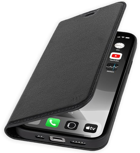 WIIUKA Étui pour iPhone 17 - En cuir allemand - Avec compartiment pour cartes - Extra fin - Avec fonction support - Étui à rabat - Noir