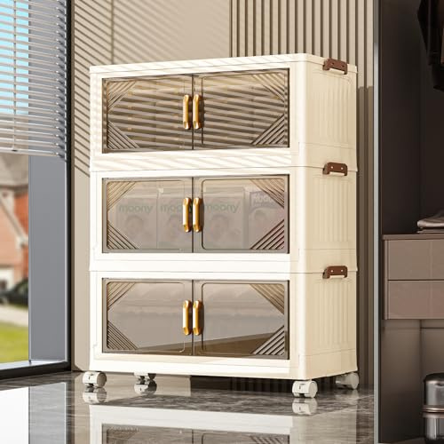 Tronkle Storage Boxes with Lid, 3-Tier Plastic Stackable Storage Boxes with 1 Lid 54L/Tier, Foldable Storage Bins with Wheels, Storage Organizer for Bedroom Living Room Study Office