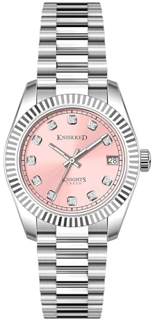 KNISKRED Classic Watch for Women with Crystal Accented and Solid Stainless Steel Band Ladies Dress Watch Water Resistant (Silver Pink)