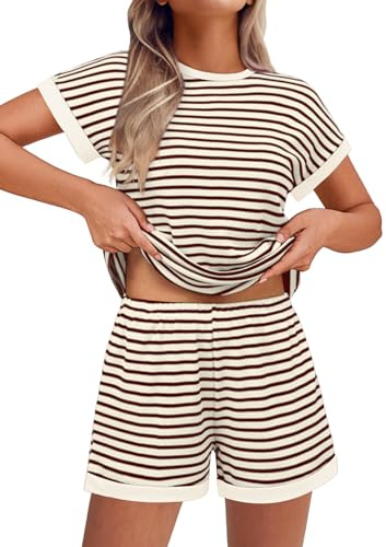 Ekouaer Dam randiga pyjamasset stickade kortärmade pyjamasöverdelar och shorts texturerade loungekläder set damer nattkläder med fickor S-XXL, Beige och brun, M