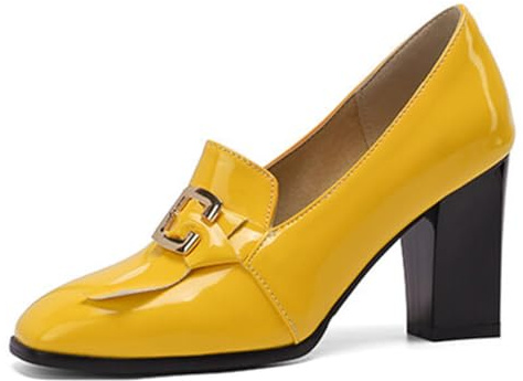 Qynthra Zapatos de Tacón Alto Mujer Cuero Brillante Tacón Ancho Mocasines con Lazo y Hebilla Dorada para Negocios y Recepción de Boda Punta Cuadrada Cómoda,Amarillo,39 EU