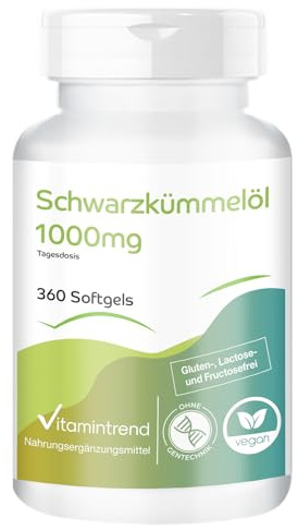 Schwarzkümmelöl 1000mg, 360 Softgels, schluckfreundlich, 1000mg pro Tag, kaltgepresst, hochdosiert, Nahrungsergänzungsmittel ohne Magnesiumstearat, in Deutschland hergestellt