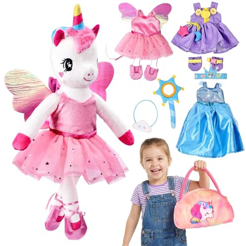Esjay Unicorn Toys for Girls Age 3 4 5 6, Ballerina Doll Dance Recital Gifts, Unicorn Stuffed Animal Ballet Dress up Doll Plush Bag 3 Outfits Pretend Play, Birthday 3+ Year Old Little Girl