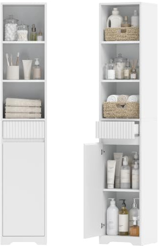 HOMCOM Högklassigt badrumsskåp med dörr, låda 33 x 30 x 172 cm vit | Förvaringsskåp, badrumskolumn, öppna fack, justerbar hylla, modern stil, för vardagsrum, sovrum