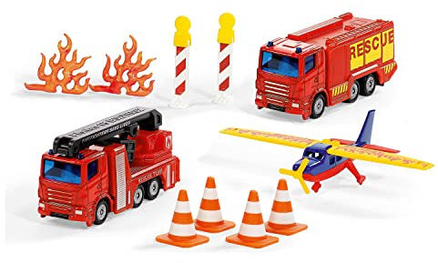 siku 6330, Geschenkset Feuerwehr, LKW mit Hubrettungsbühne, Löschfahrzeug, Flugzeug, Bewegliche Teile, Inkl. Pylonen, Barken und Flammen