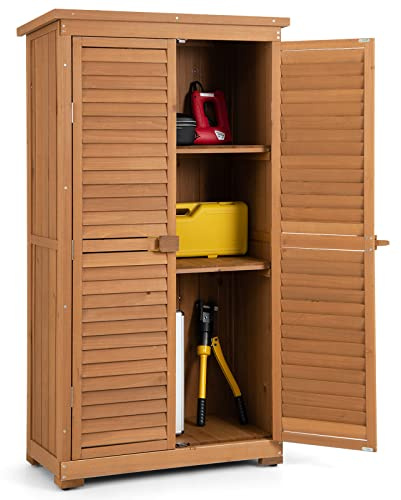 Goplus Outdoor Storage Cabinet, 63 Wood Garden Tool Shed with Double Lockable Doors, 3 Shelves and Asphalt Roof, Multipurpose Storage Shed for Patio Lawn Garden Yard, Natural