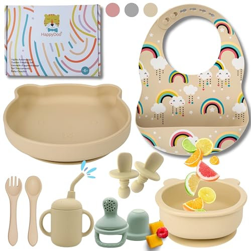 HappyDoo | Coffret Repas Bebe | 12 Pièces | Assiette Ventouse pour Bébé | Couverts Bébés | Bavoir et Bol | Tasse | Cadeau Grignoteuse Bébé | Vaisselle Bebe Sans BPA | Dans un Coffret Cadeau