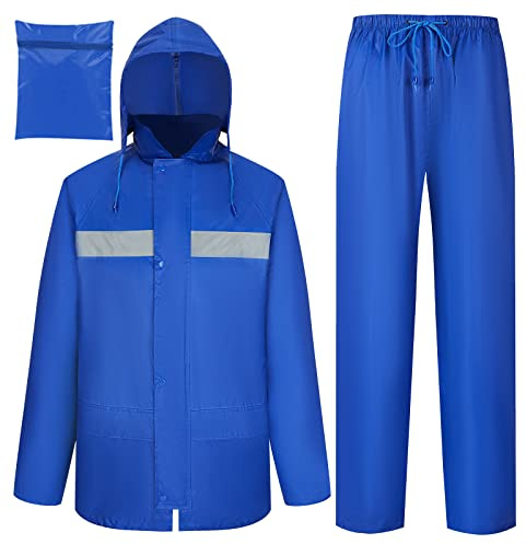 Rain Gear for Men Women Waterproof Lightweight Rain Suits Hideaway Hood Rain Jacket and Rain Pants for Outdoor (Blue, Large)