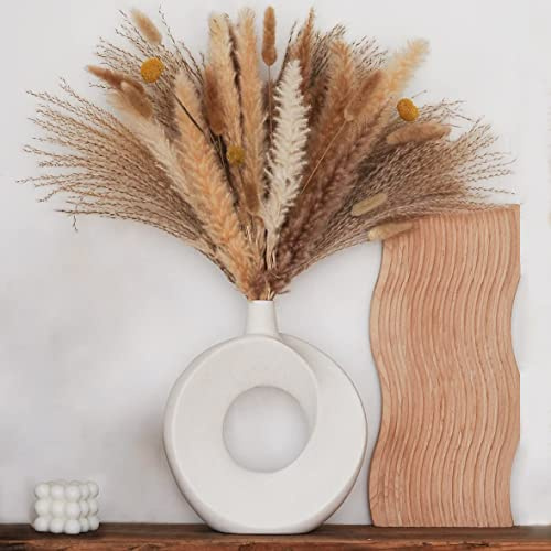 Vase Groß 26cm Hoch,Donut Vase für Pampasgras,Keramik Vase Weiß Matt,Moderne Deko Vase,Runde Vase mit Loch für Home Office Dekor,Trockenblumen Blumenvase,Dekozweige,Badezimmer Dekoration,Geschenk,L