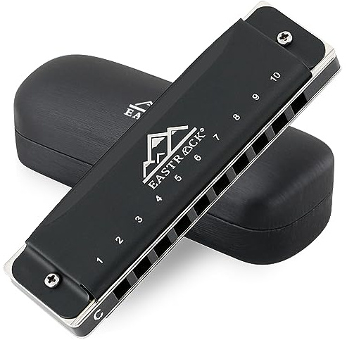 EastRock Blues Harmonica Mouth Organ 10 Hole C Key with Case, Diatonic Harmonica for Professionals, Beginners, Adults, Gifts (Matte Black Finish)