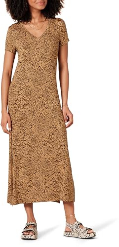 Amazon Essentials Vestido Midi de Punto de Manga Corta con Escote en Pico Mujer, Camel Oscuro Estampado de Animales, L