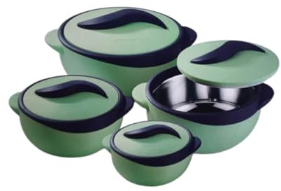 4pc Round Heat Insulated Food Storage Hot Pot Food Warmer/Cooler with Lid–Thermal Soup/Salad Serving Bowl- Stainless Steel Hot Food Container Best Gift Set Holidays Pinnacle Parisa (Matt Green)