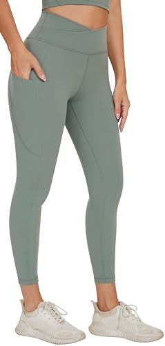 AGONVIN Leggings de Yoga pour Femmes à Taille croisée, Doux, à Haute élasticité, Collants de Sport avec Poche Vert Matcha M