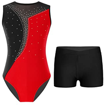 TiaoBug Body Ginnastica Artistica Bambina Senza Maniche con Pantaloncini Sportivi Lucidi Strass Tuta Sportiva da Allenamento Canotta Body da Danza Classica Moderna Rosso&Nero 13-14 anni