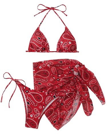 SOLY HUX Bikini Sets for Women Paisley Print Halter Triangle Bathing Suit 3 Piece Swimsuit with Sarong Cover Up Red Paisley Small